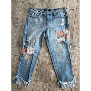 Liverpool Rivington Patch Jeans 4 Blue Floral Embroidered Distressed Womens Boho